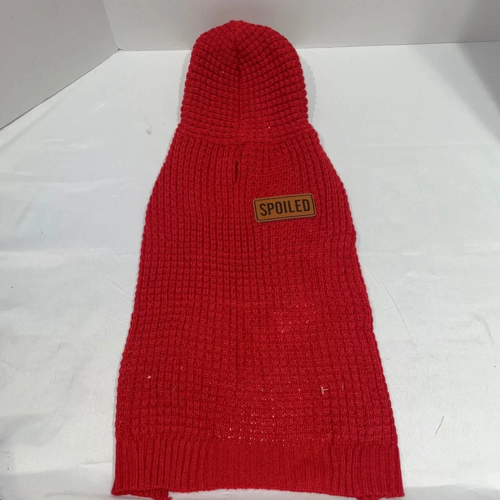 Vibrant Life Red Knit Dog Hoodie Sweater Spoiled Patch Medium Pet Apparel